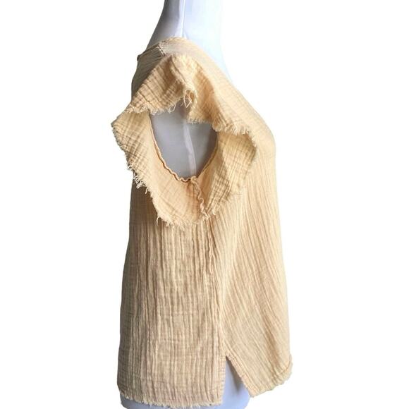 STARK X Muslin Gauze Raw Hem Oversized Top XS Butter Yellow Fairy Flutter Sleeve - Picture 2 of 8